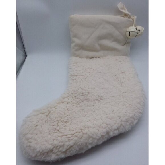 Pottery Barn Kate Faux Sheepskin with Bells Christmas Holiday Stocking Cream - Picture 5 of 11